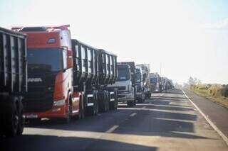 FIla de caminhões e carretas na rodovia onde ocorreu acidente. (Foto: Paulo Francis)