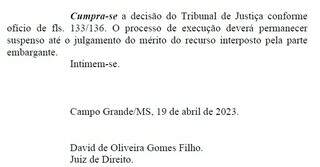 Despacho de David de Oliveira acatando suspensão de processo. (Foto: Reprodução)