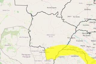 Área em amarelo indica risco de chuva intensa no sul de MS (Arte: Inmet)