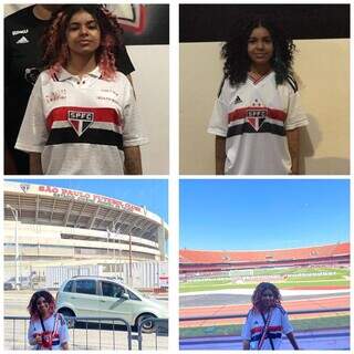 Registros de Evelyn com a camisa do São Paulo e no estádio do Morumbi (Fotos: Arquivo pessoal)