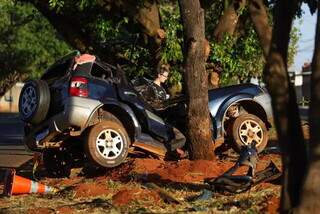 Carro dobrou ao bater lateral em árvore; passageiro morreu. (Foto: Henrique Kawaminami) 