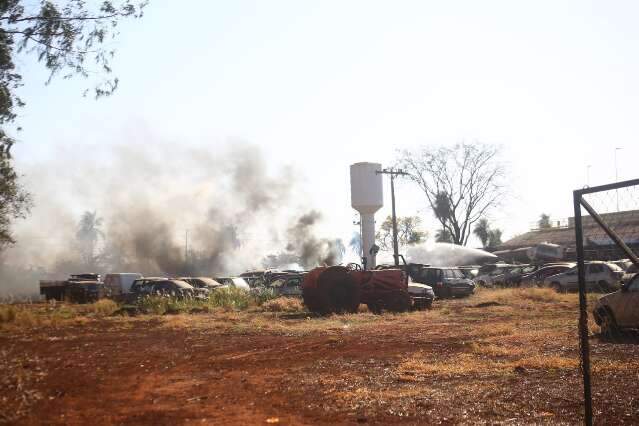 Inc&ecirc;ndio em p&aacute;tio de leiloeira atinge ao menos dez ve&iacute;culos 