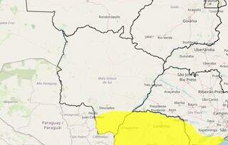 Área em amarelo indica risco de tempestade no extremo sul de MS (Arte: Inmet)