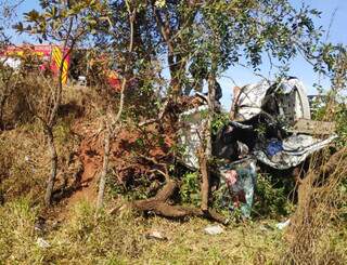 Carro que colidiu em ávore ficou totalmente destruído (Foto: Direto das Ruas) 