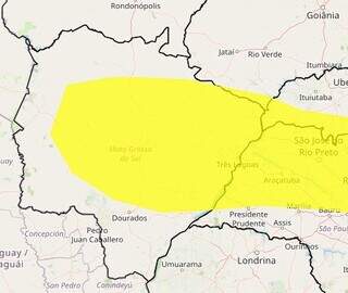 Área em amarelo pode registrar índices de chuva até a manhã desta quarta-feira (16). (Foto: Reprodução/Inmet)