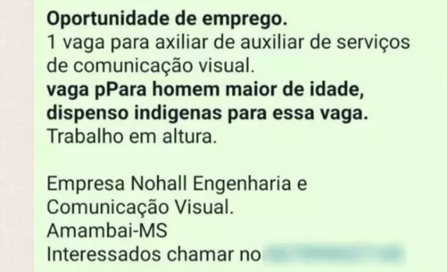 MPF denuncia oficialmente empres&aacute;rio por vedar ind&iacute;genas para vaga de emprego 