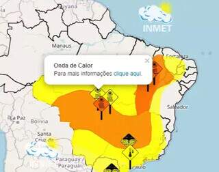 Alerta de calor e baixa umidade do Inmet para Mato Grosso do Sul e restante do País (Foto: Reprodução)