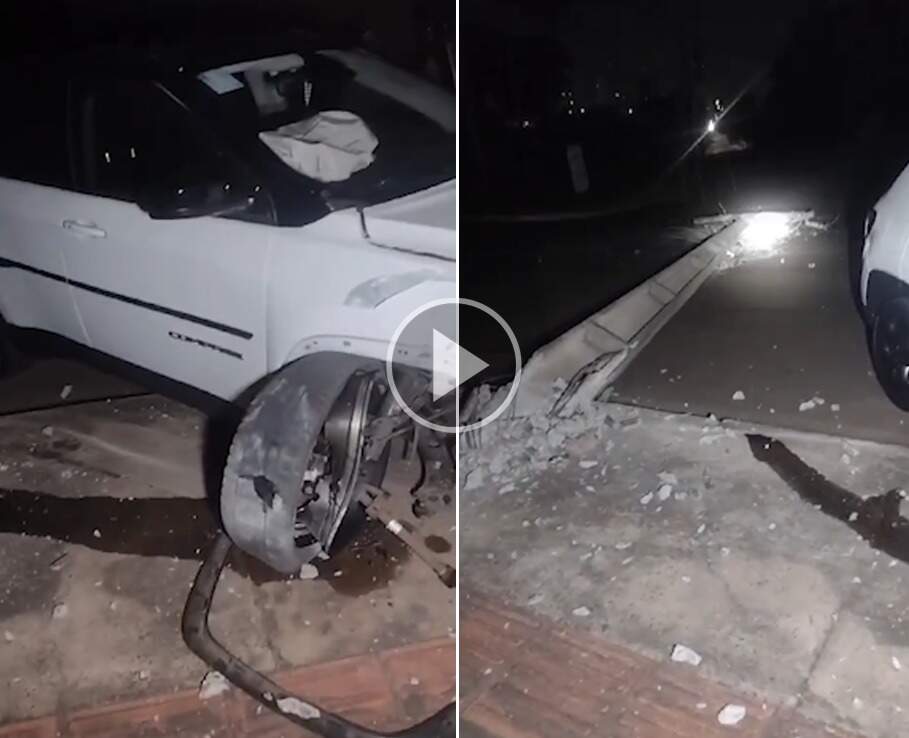 Vídeo mostra poste caído e carro destruído após acidente