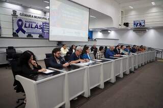 Mesa da audiência na Câmara Municipal de Campo Grande nesta sexta-feira (1º). (Foto: Izaías Medeiros/CMCG)