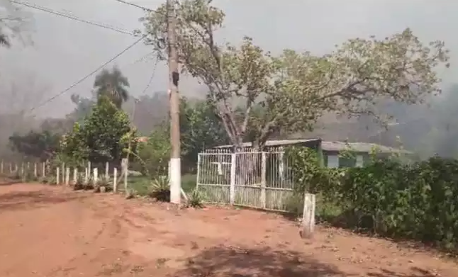 Incêndio atinge vegetação à beira da MS-450 e fumaça encobre casas