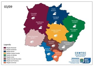 Mapa da previsão do tempo no Estado indica a instabilidade nas temperaturas (Imagem: Divulgação)