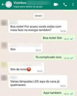 Print de conversa no WhatsApp com moradores reclamando de energia oscilando (Foto: Reprodução/WhatsApp)