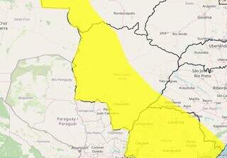 Área em amarelo indica risco de tempestade em parte de MS (Arte: Inmet)