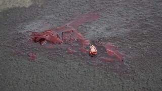 Sangue se acumulou onde a vitíma caiu (Foto: Alex Machado)