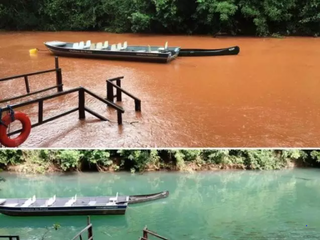 Imagens do Rio da Prata com lama, em 2018 e, mesmo local, dias antes da chuvas (Fotos: Instituto Amigos do Rio da Prata)