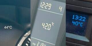 Termômetros de carros marcaram até 44ºC nesta semana em Campo Grande (Fotos: Direto das Ruas)