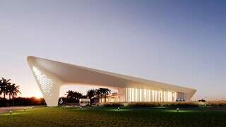 Portaria com arquitetura futurista do empreendimento em obras na Capital (Foto: Plaenge/Divulgação)