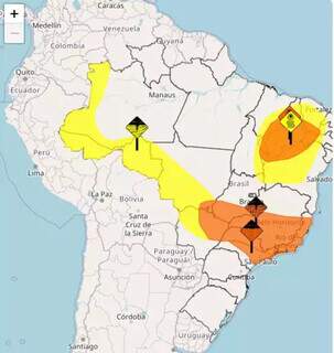 Mapa mostra áreas, em amarelo e laranja, para ocorrência de chuva e tempestade (Foto/Reprodução)