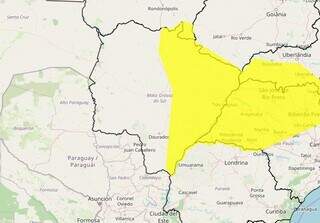 Área em amarelo indica risco de chuva forte com queda de granizo (Arte: Inmet)