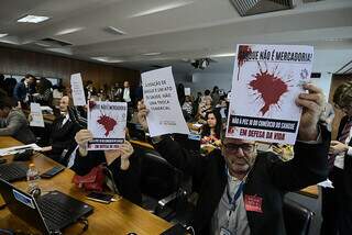 Opositores com cartazes questionando a proposta (Foto: Agência Senado)