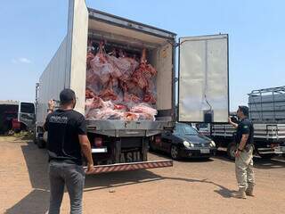 Caminhão com a carga de carne no pátio da Denar após ser apreendido (Foto: Dayene Paz)