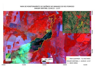 Área queimada em Bonito foi demarcada em amarelo no mapa (Mapa/Fundação Neotrópica do Brasil)