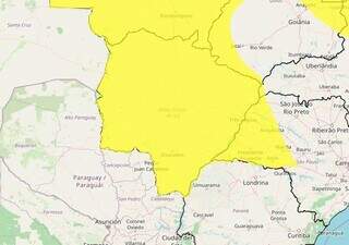 Área em amarelo sobre MS indica risco de tempestade (Arte: Inmet)