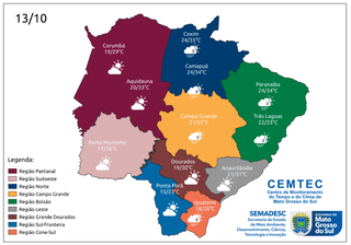 Previsão do tempo para sexta-feira (13), nas nove divisões de Mato Grosso do Sul. (Arte: Cemtec)