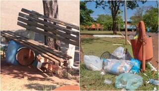 Banco de madeiras com material improvissado e lixo no gramado do Parque Ayrton Senna (Foto: Marcos Maluf)