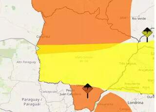 No mapa, além da onda de calor, MS também está na rota de tempestades (cores laranja e amarelo). (Foto/Reprodução)
