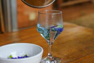 Servida somente com água quente, clitória ternátea apresenta coloração azul. (Foto: Paulo Francis)