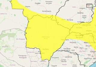 Área em amarelo indica risco de mais tempestade para MS (Arte: Inmet)
