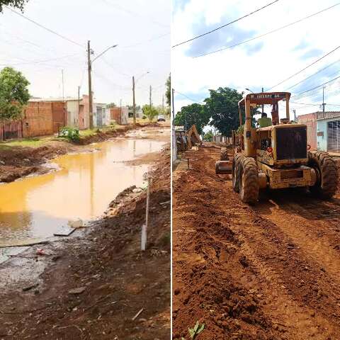 Ap&oacute;s temporal, prefeitura retoma obra parada em rua que virou lagoa no Caiob&aacute;