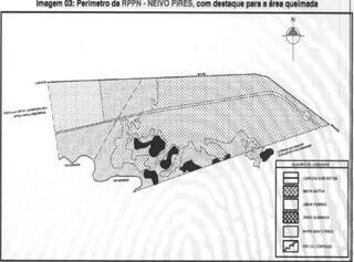 No processo, mapa mostra área da RPPN e, na parte mais escura, perímetro atingido no incêndio (Foto/Reprodução)