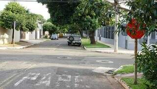 No cruzamento entre as ruas Manoel Laburu e Inácio de Souza, a placa de pare é coberta por galhos de uma árvore e sinalização horizontal está levemente apagada (Foto: Alex Machado)