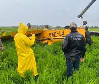 Peritos e agentes da Polícia Civil ao lado de avião que tombou em lavoura de arroz (Foto: Direto das Ruas)