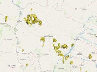 Incidência de raios em Mato Grosso do Sul, nesta terça-feira (24) (Foto: Reprodução/Metsul)