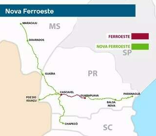 Veja o trajeto da Nova Ferroeste, que ligará três estados (Arte: Lennon Almeida)