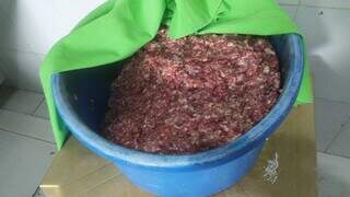 Carne para confecção de linguiça armazenada em bacia (Foto: Divulgação/PCMS)