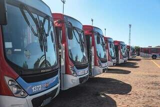 Ônibus novos parados no pátio do Consórcio Guaicurus, em junho deste ano (Foto: Marcos Maluf)