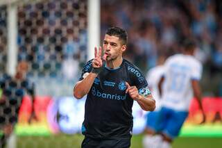 Luis Suárez comemora gol marcado em confronto com o Bahia, na Arena Grêmio. (Foto: Lucas Uebel/Grêmio)