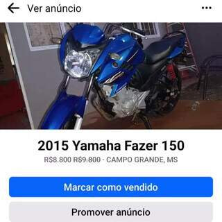 Anúncio da moto feito pelo marido da vítima em uma página do Facebook (Foto: Reprodução)