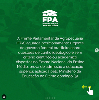 Posicionamento oficial da Frente Parlamentar da Agropecuária do Congresso Nacional (Foto: Instagram)