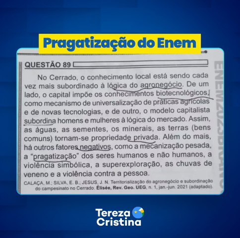 Bancada do agro pede anula&ccedil;&atilde;o de tr&ecirc;s quest&otilde;es do Enem por vi&eacute;s ideol&oacute;gico  