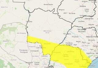 Área em amarelo indica risco de temporal em parte de MS (Arte: Inmet)