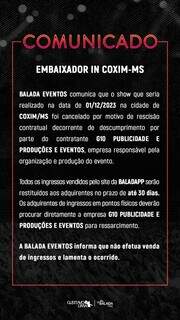 Comunicado oficial publicado no site da Balada Eventos, que realiza os shows do Gusttavo Lima no país (Foto: Divulgação)