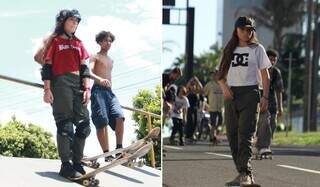 Julia Lemes antes de apresentação em pista de skate; e andando na Avenida Afonso Pena (Foto: Acervo Pessoal)