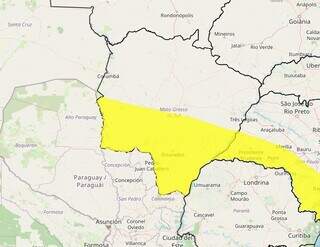 Área em amarelo indica possibilidade de tempestade em parte de MS (Arte: Inmet)
