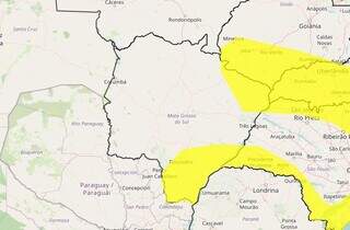 Área em amarelo indica risco de tempestade no sul, sudeste e nordeste de MS (Arte: Inmet)