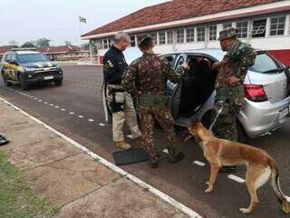 Com uso da Operação com Cães, equipe da PRF realiza verificação no veículo. (Foto: Reprodução/PRF)